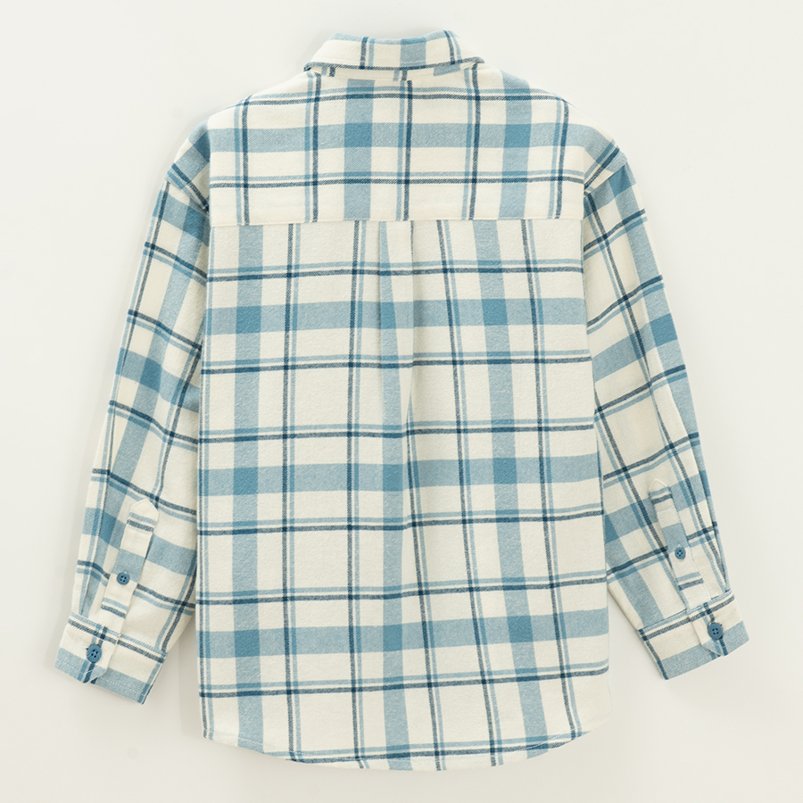 Blue and white checked button down shirt