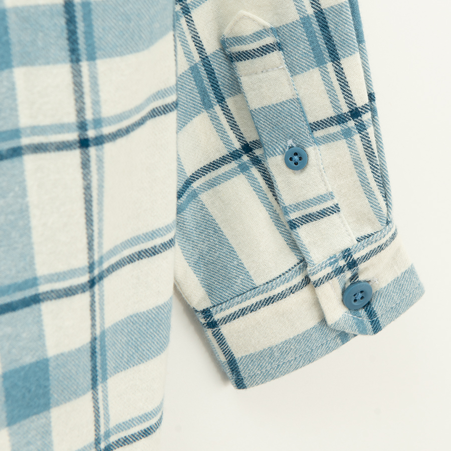 Blue and white checked button down shirt