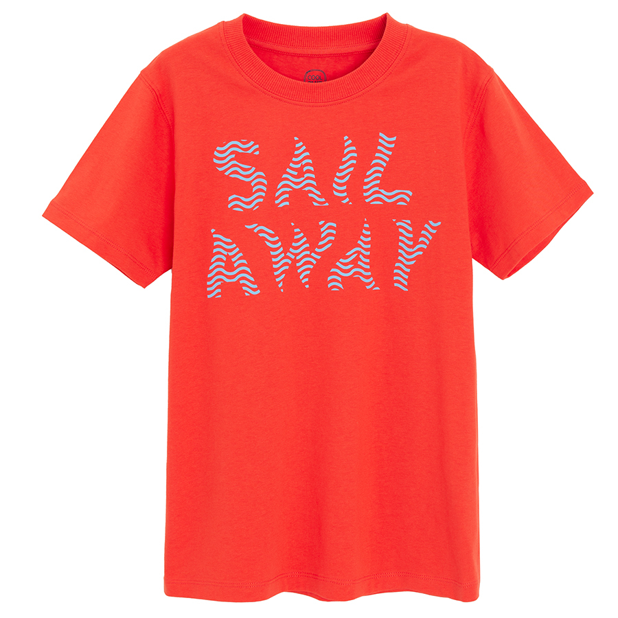 White T-shirt with blue lobster and red T-shirt with SAIL AWAY print
