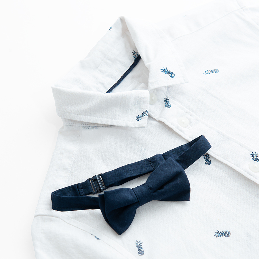 White short sleeve button down shirt with small palm trees print and bow tie- 2 pieces