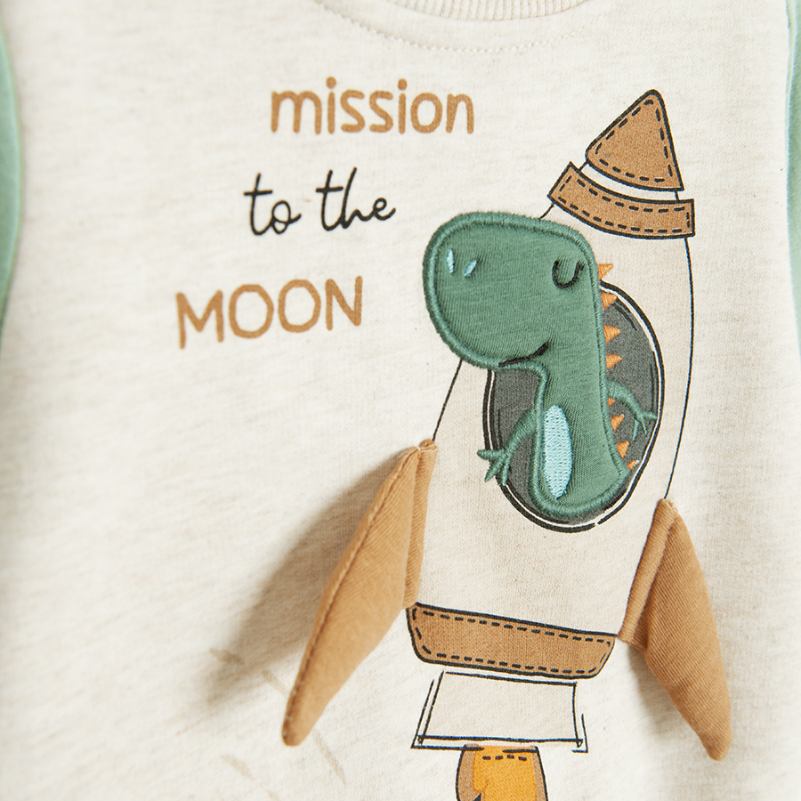 Φούτερ μπεζ με πράσινα μανίκια και στάμπα MISSION TO THE MOON