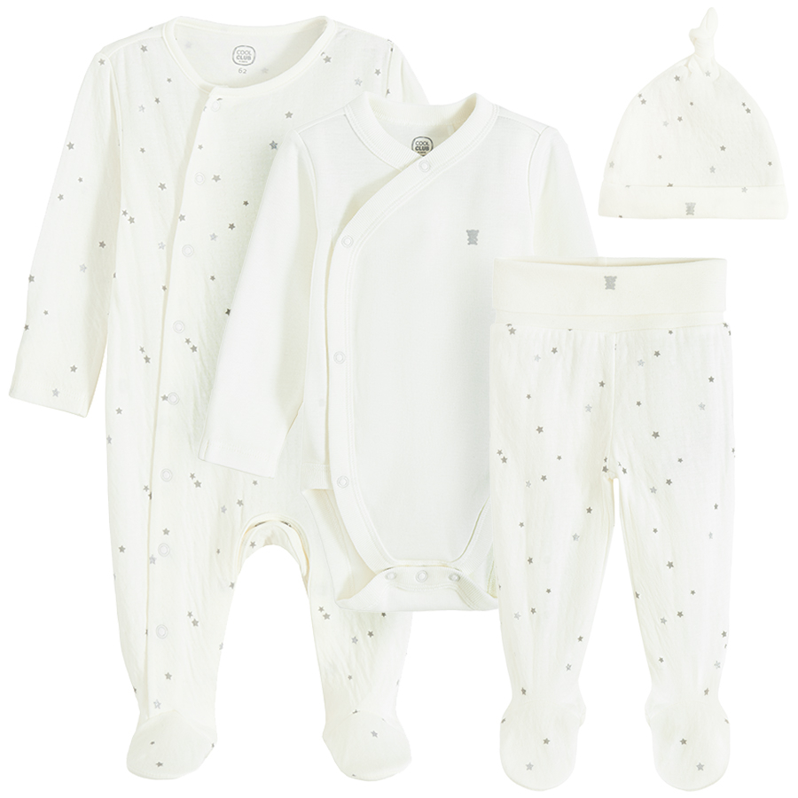 Ecru baby set- long sleeve wrap bodysuit, footed leggings, footed overall and all hear hat- 4 pieces