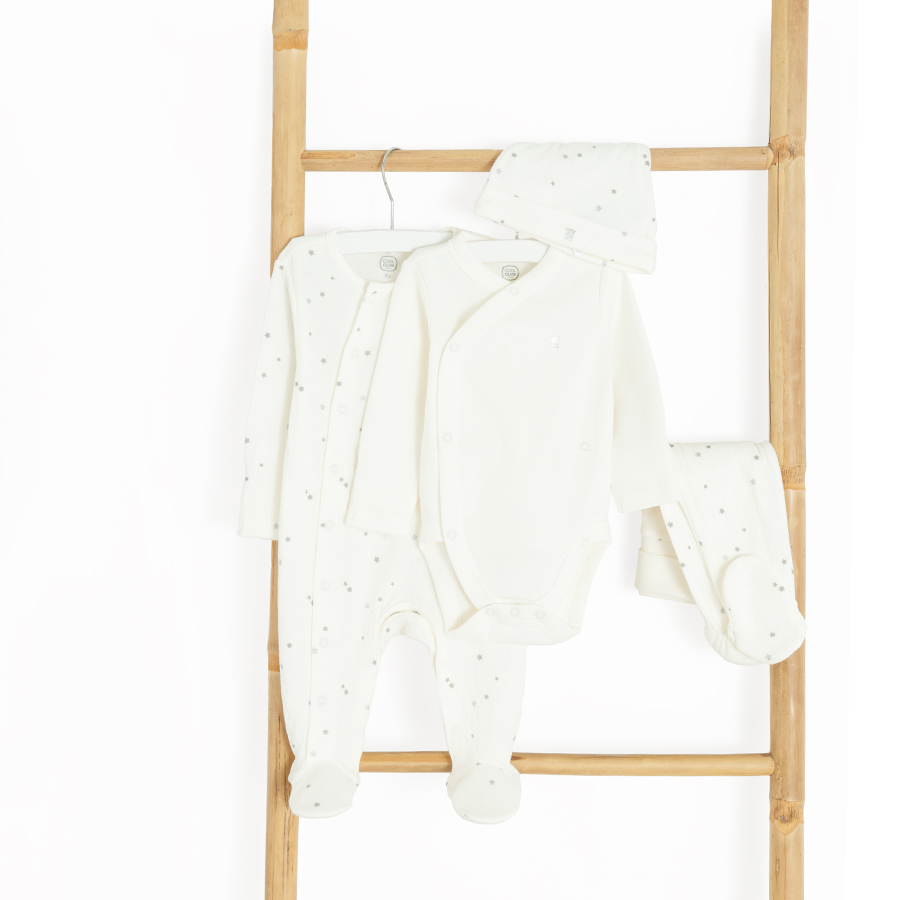 Ecru baby set- long sleeve wrap bodysuit, footed leggings, footed overall and all hear hat- 4 pieces