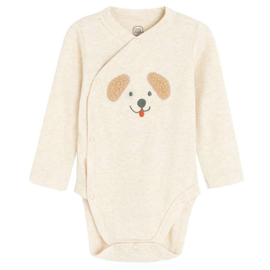 Light grey long sleeve bodysuit with dog print, brown footless jogging pants and beanie set- 3 pieces