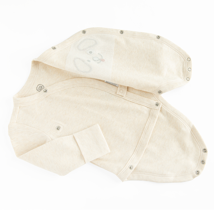 Light grey long sleeve bodysuit with dog print, brown footless jogging pants and beanie set- 3 pieces