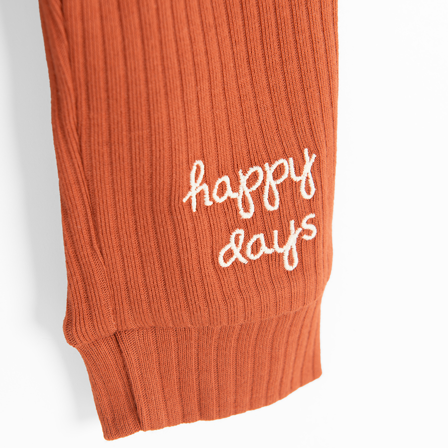 Light grey long sleeve bodysuit with dog print, brown footless jogging pants and beanie set- 3 pieces
