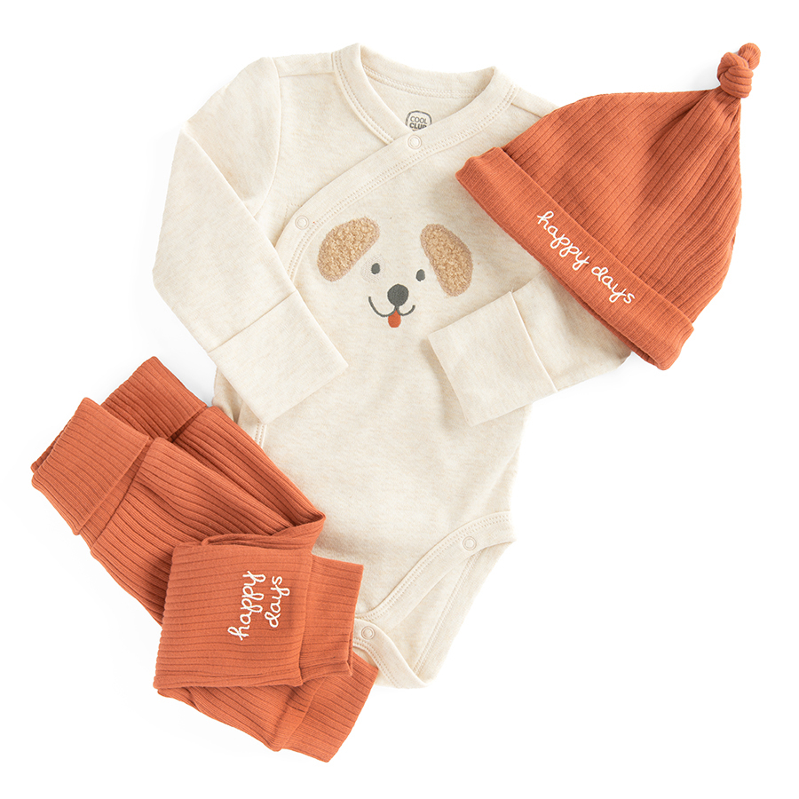 Light grey long sleeve bodysuit with dog print, brown footless jogging pants and beanie set- 3 pieces
