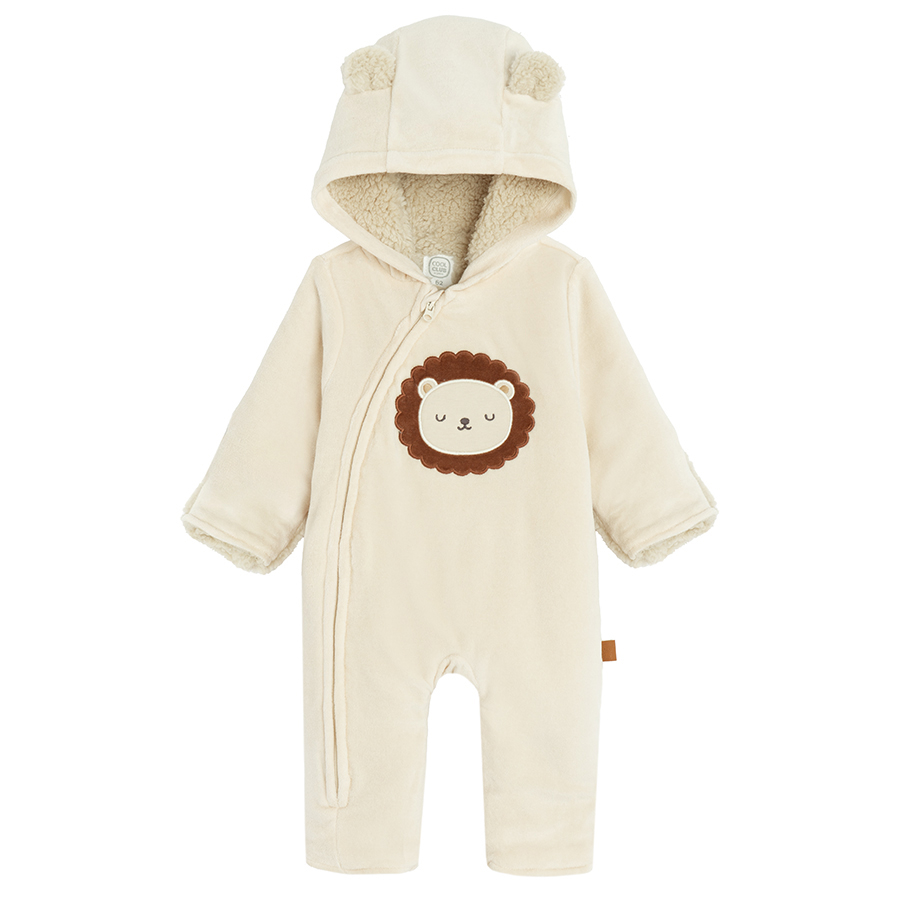 Ecru footless hooded overall outfit with lion print