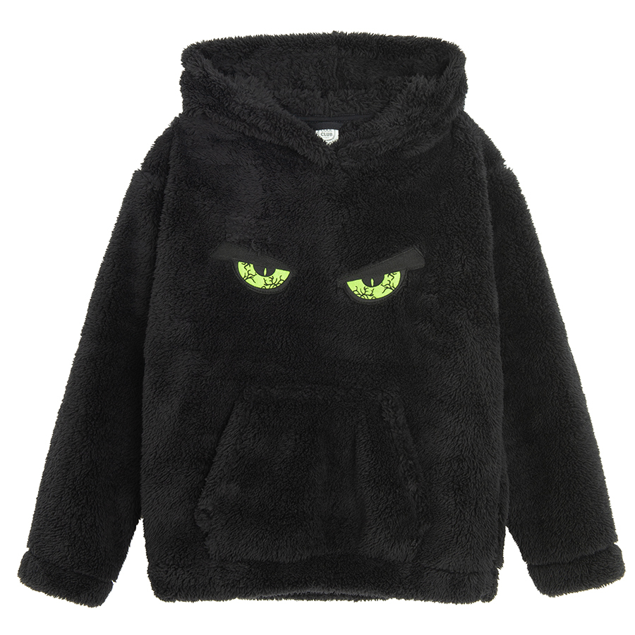 Φούτερ μαύρο fleece με κουκούλα και στάμπα πράσινα μάτια