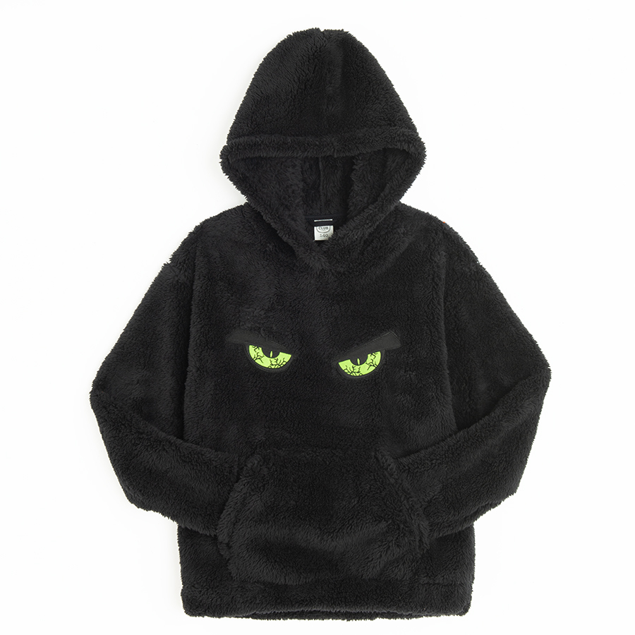 Φούτερ μαύρο fleece με κουκούλα και στάμπα πράσινα μάτια