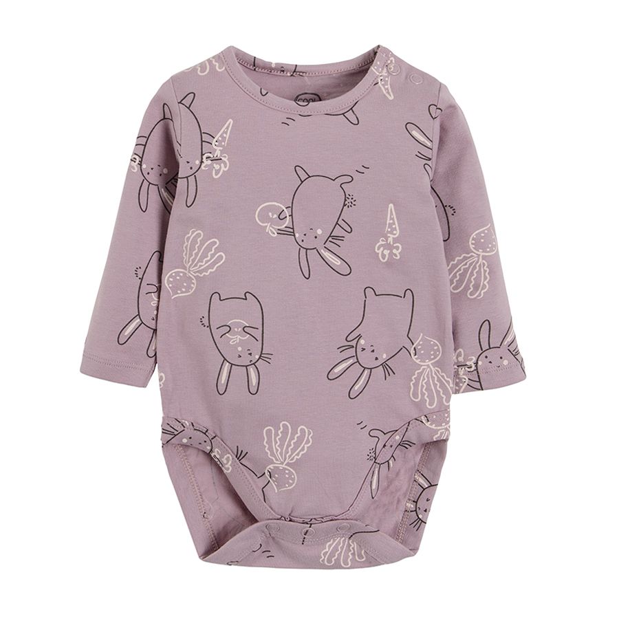 Purple and white with bunnies print long sleeve bodysuits 2-pack