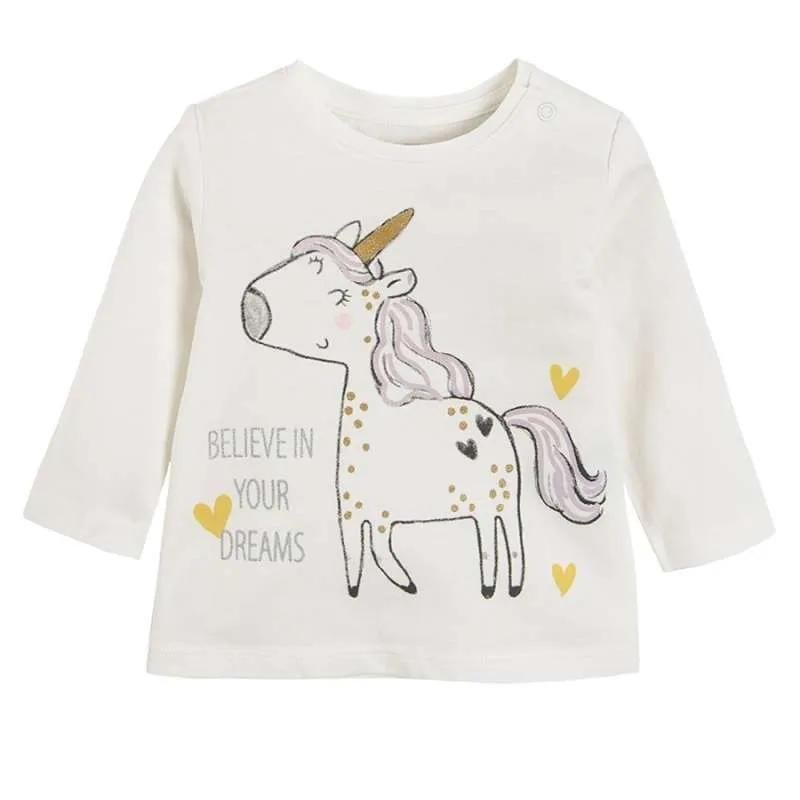 White long sleeve blouse with unicorn print believe in your dreams