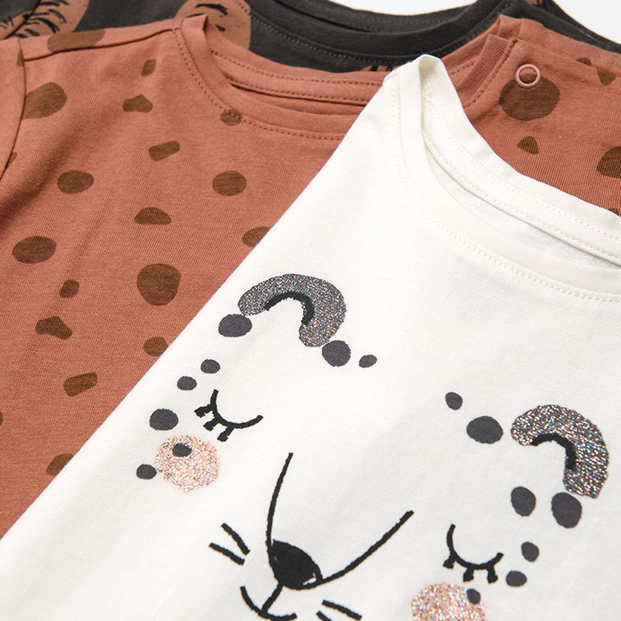 Brown and white with tiger print and brown polka dot short sleeve blouses 3-pack