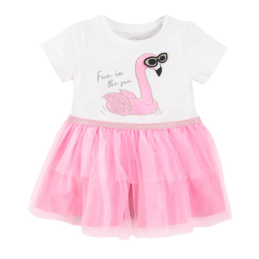 Ecru dress with flamingo print and pink tutu skirt