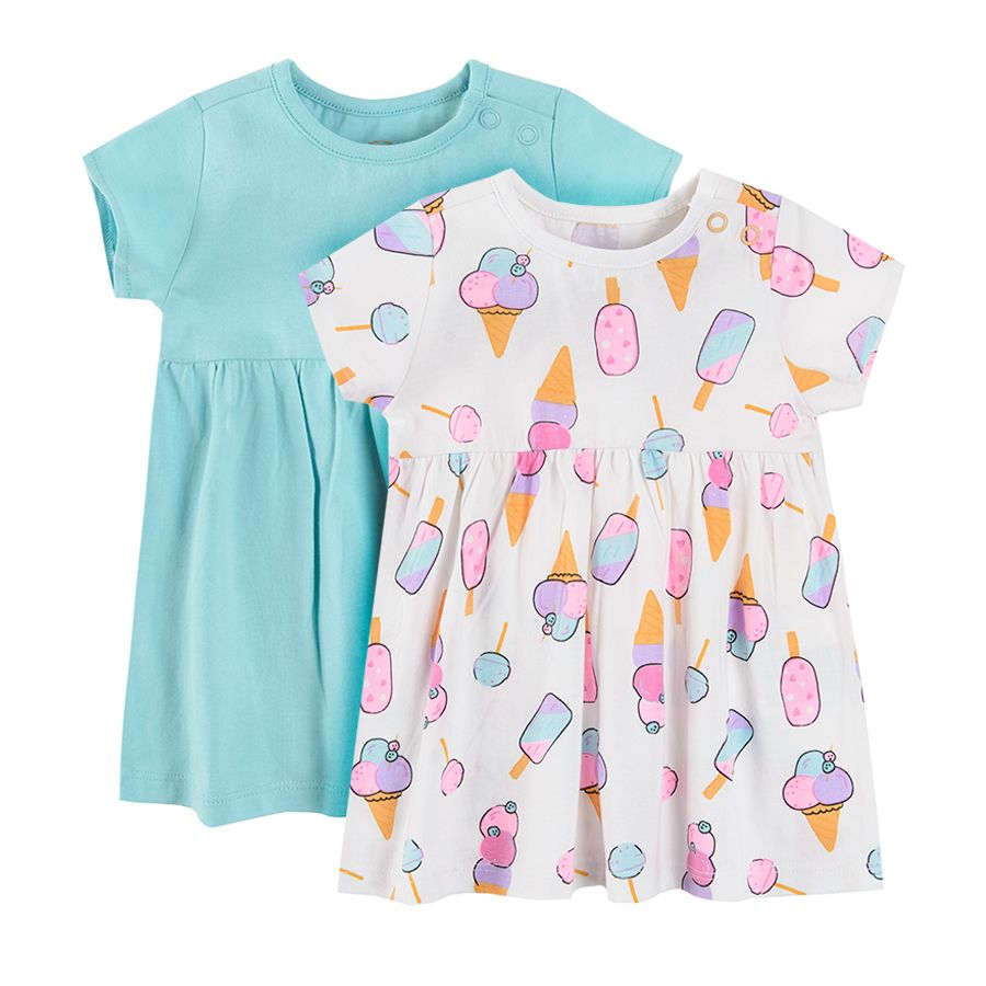 Blue and white short sleeve dresses with ice cream print 2-pack