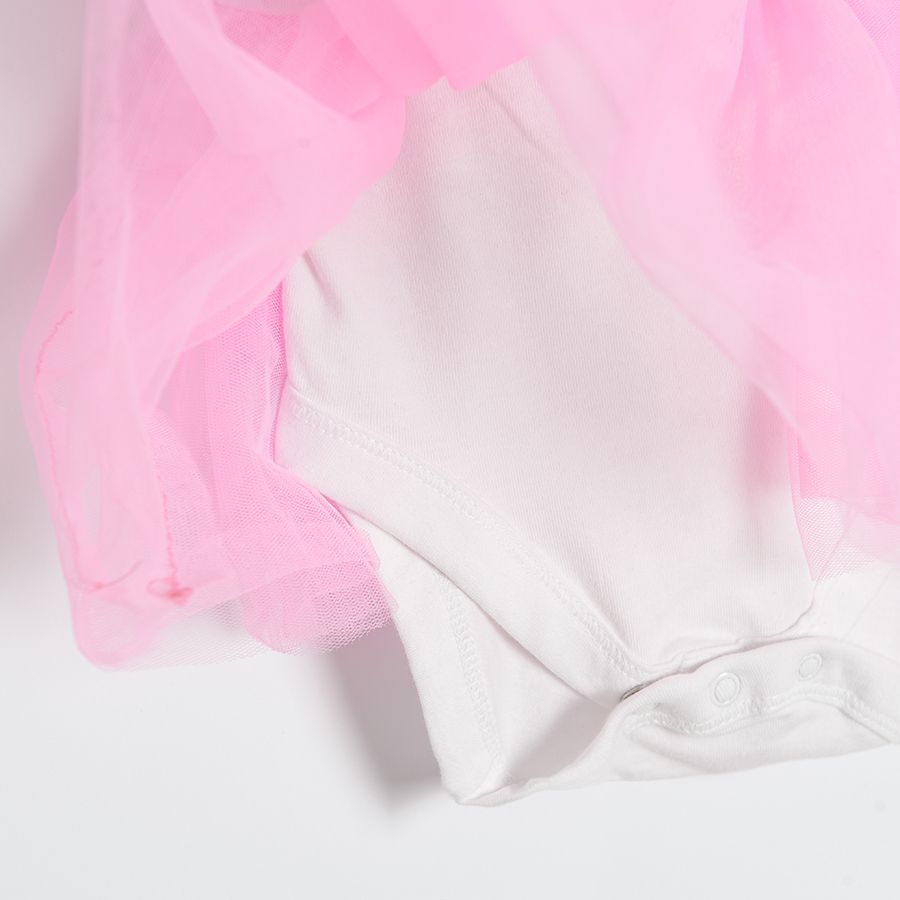 Φόρεμα κοντομάνικο λευκό με ροζ τούλι και στάμπα καρπούζι