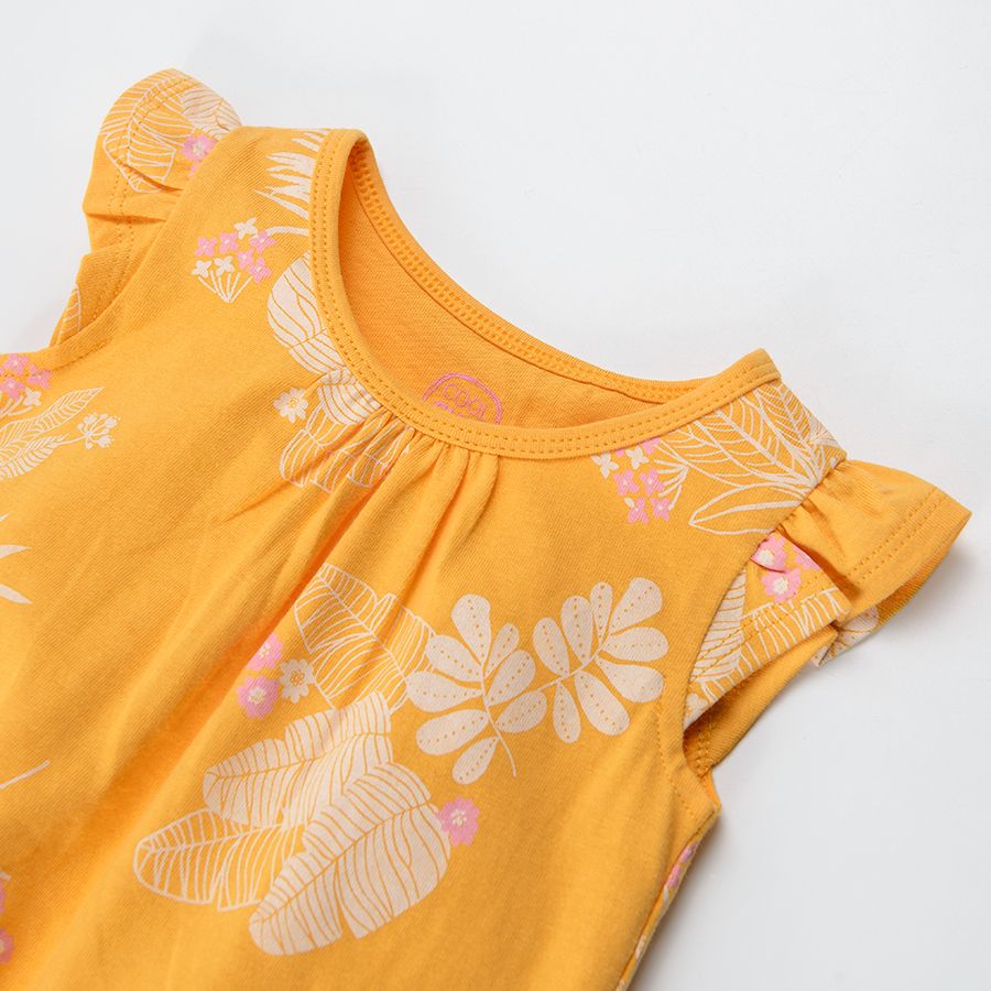 Yellow sleeveless blouse with ruffle and tropical leaves print