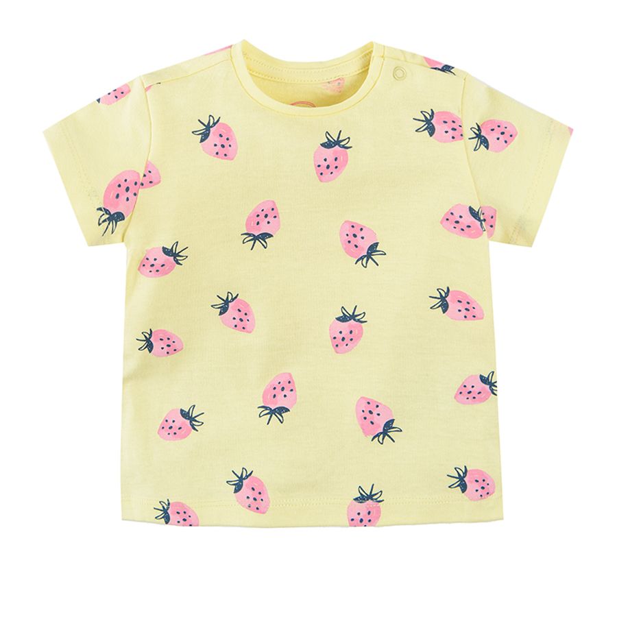 Yellow short sleeve blouse with strawberries print