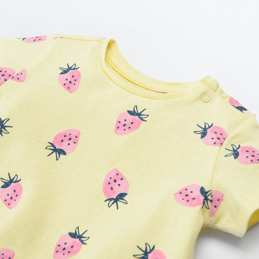 Yellow short sleeve blouse with strawberries print
