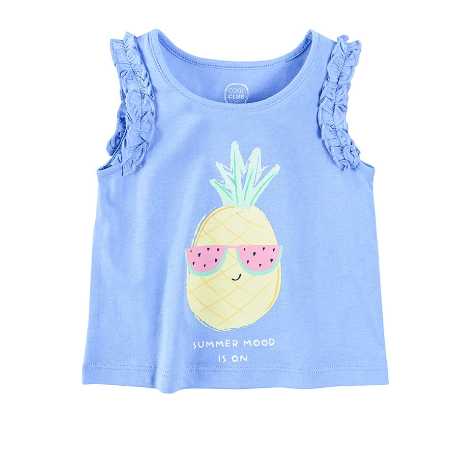Blue sleeveless blouse with fuffles and anana print