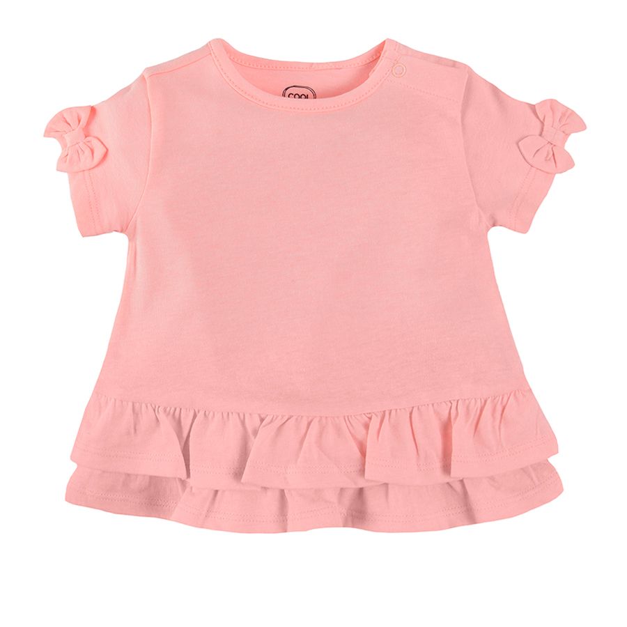 Coral short sleeve blouse with bows on the sleeves and ruffles on the bottom