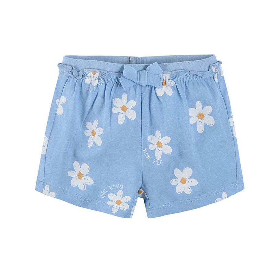 Blue shorts with daisies and elastic waist and bow