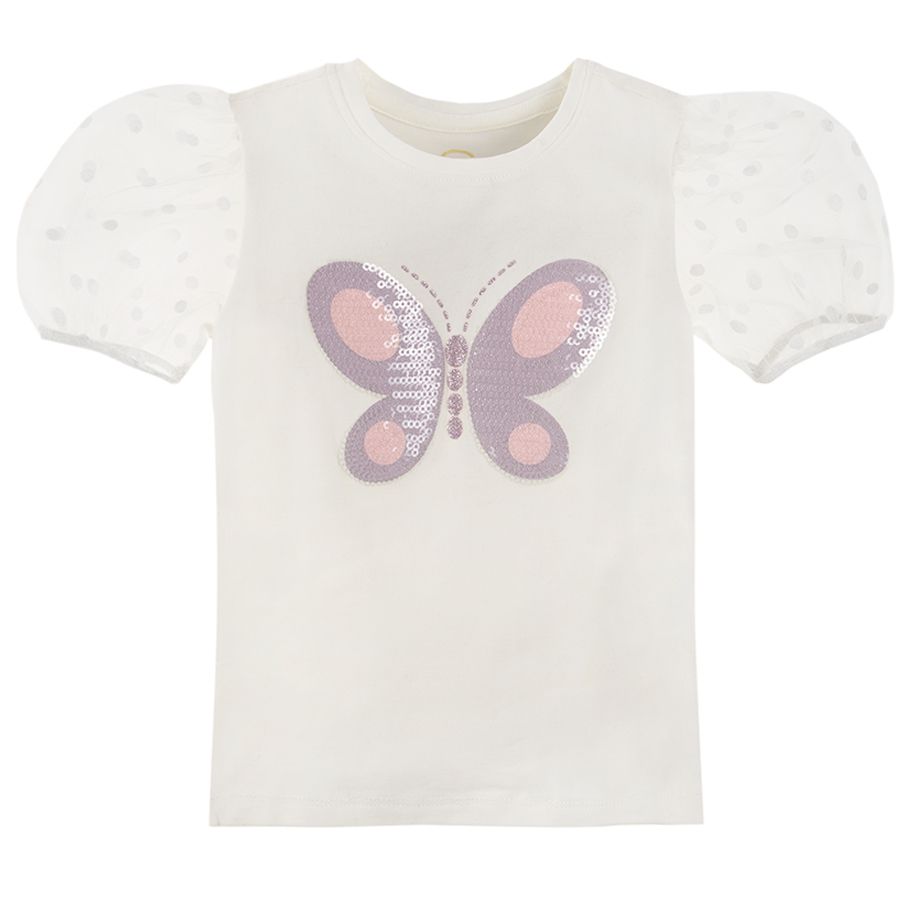 White short sleeve blouse withsequin butterfly print and see through sleeves