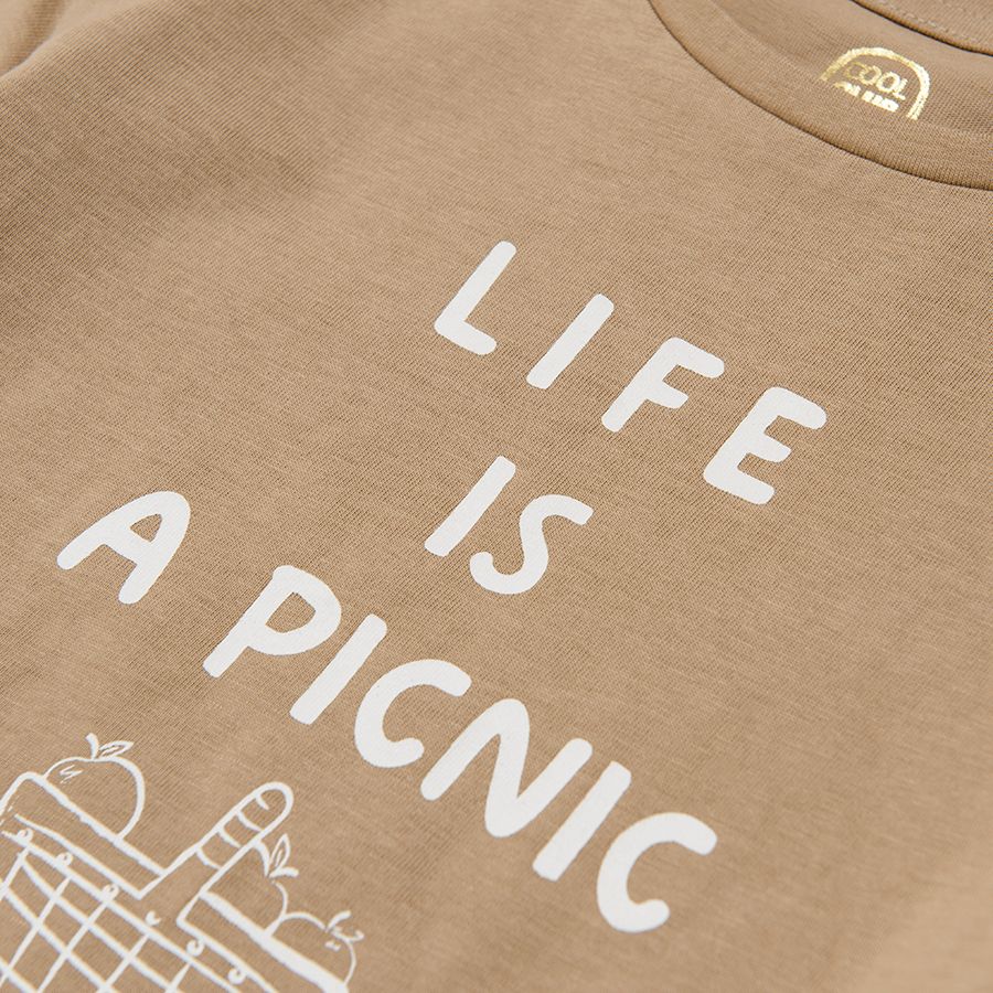 Brown short sleeve blouse life is a picnic print