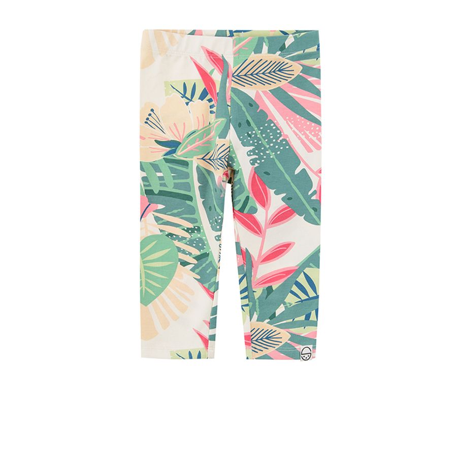 Leggings with tropical leaves and parrots print
