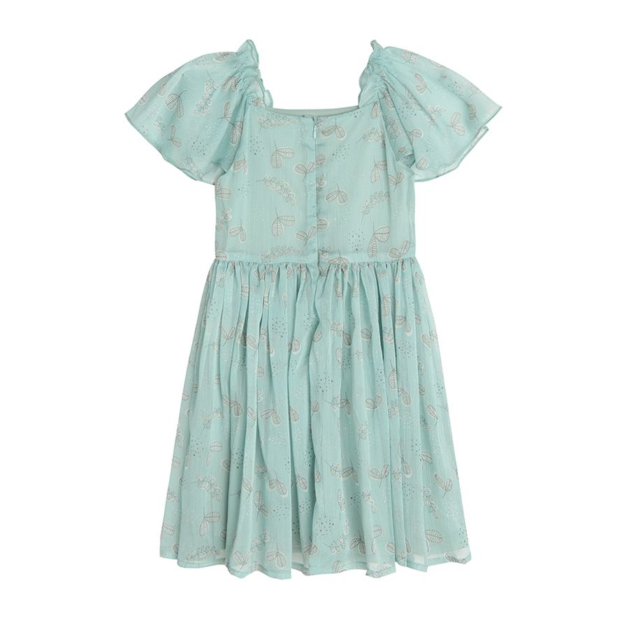 Light green party dress with pleats and leaves pattern