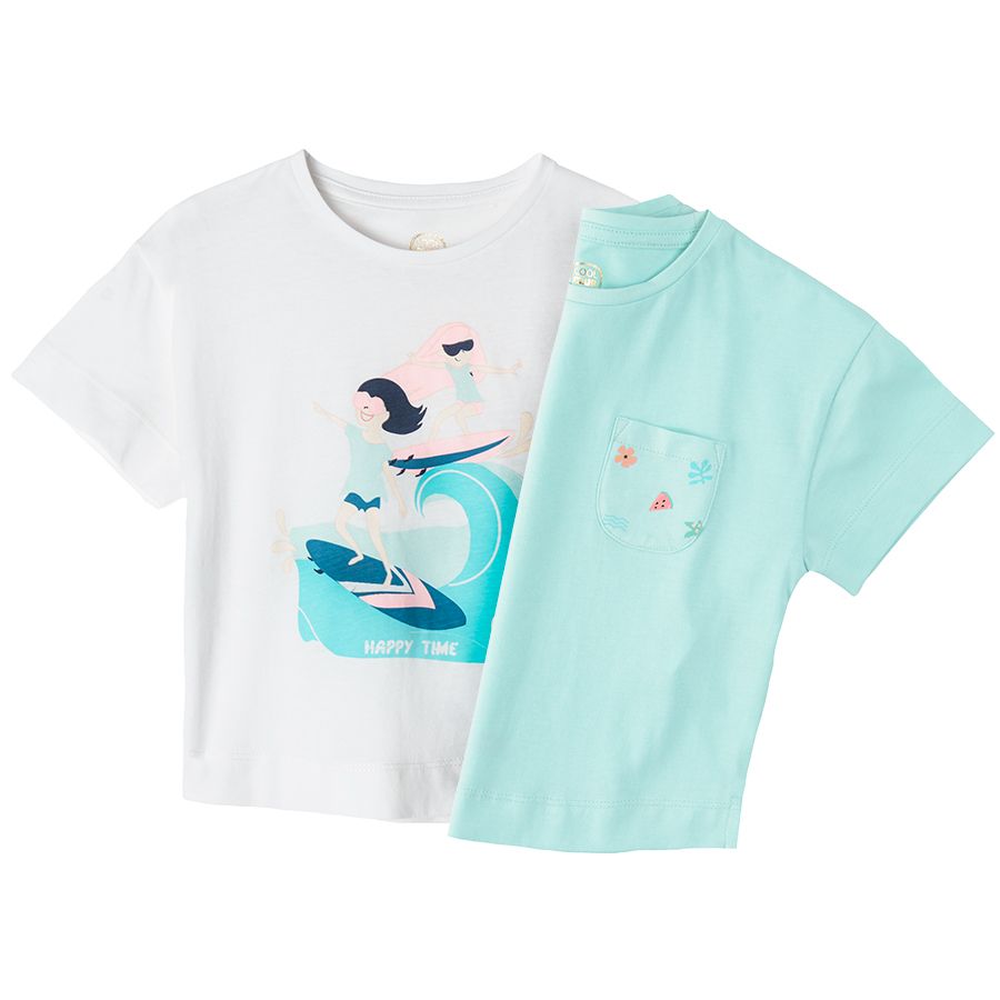 White and blue short sleeve blouses with summer prints 2-pack
