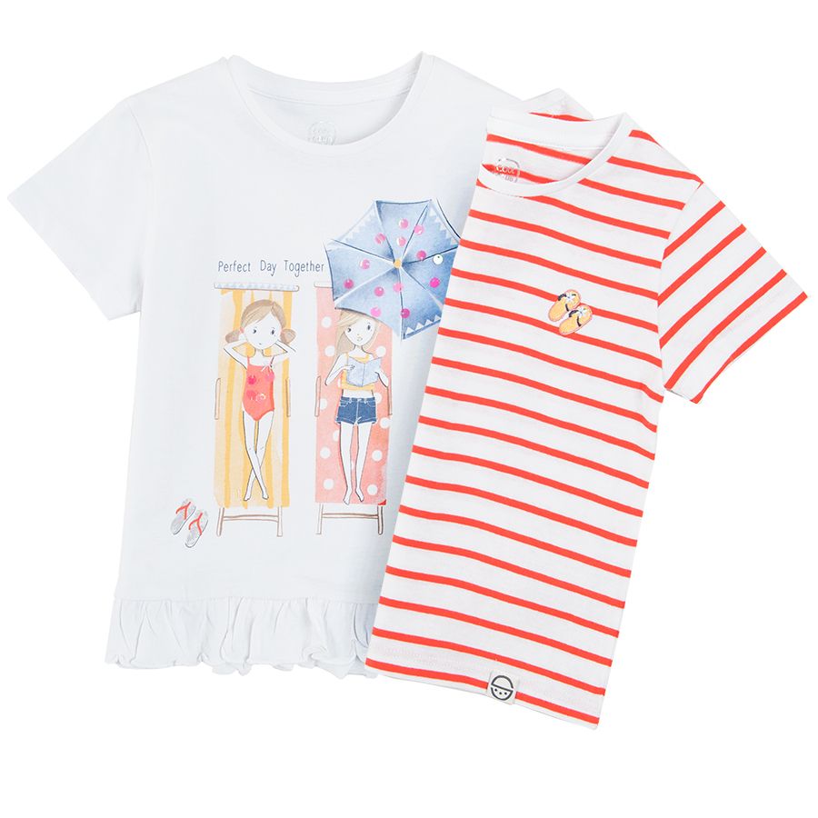 White and white and red stripes short sleeve blouses with summer prints 2-pack