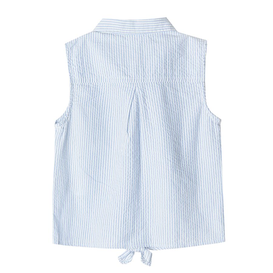 White and blue stripes sleeveless shirt with knot on the front
