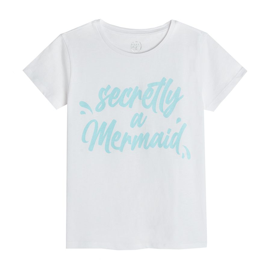 White short sleeve blouse with SECRETLY A MERMAID print