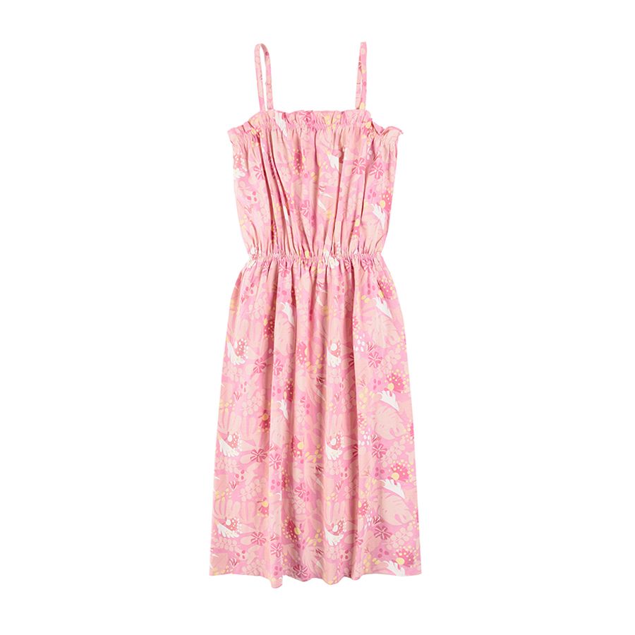 Pink dress with straps and leaves print
