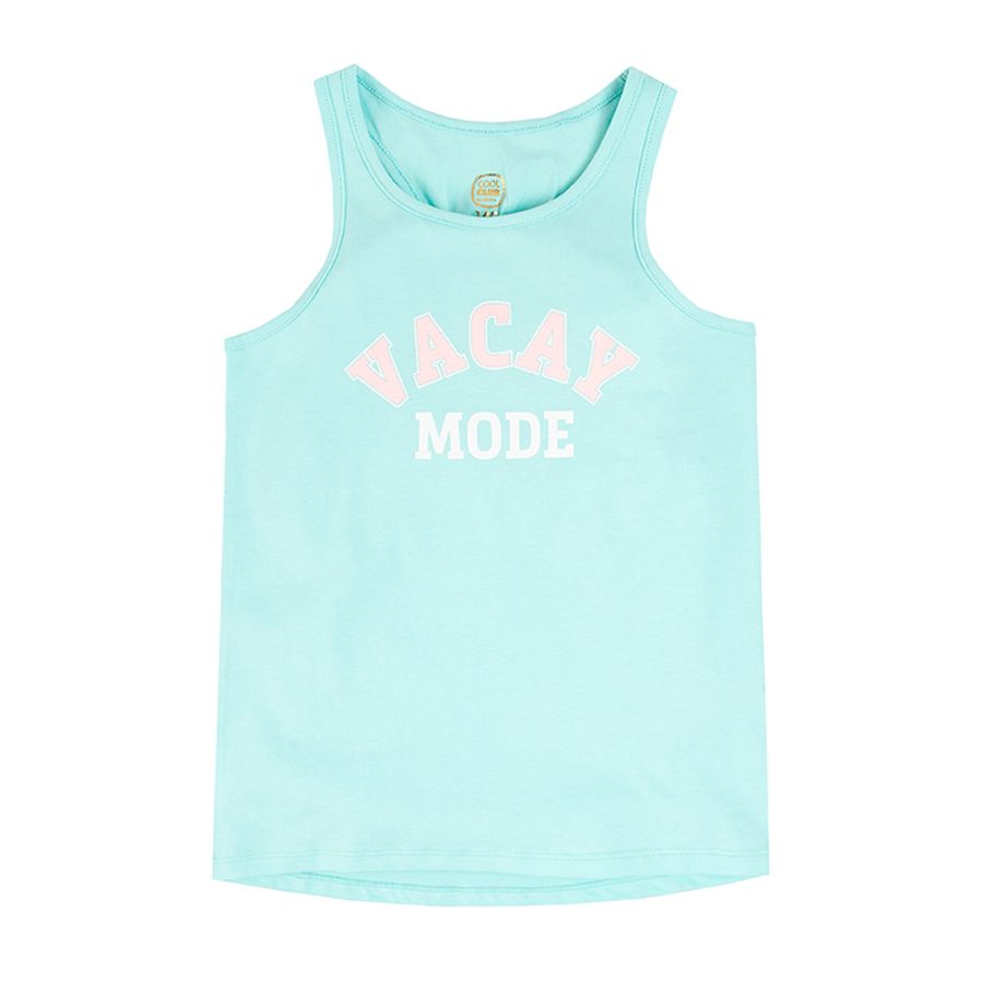Light blue sleeveless blouse with VACAY MODE print