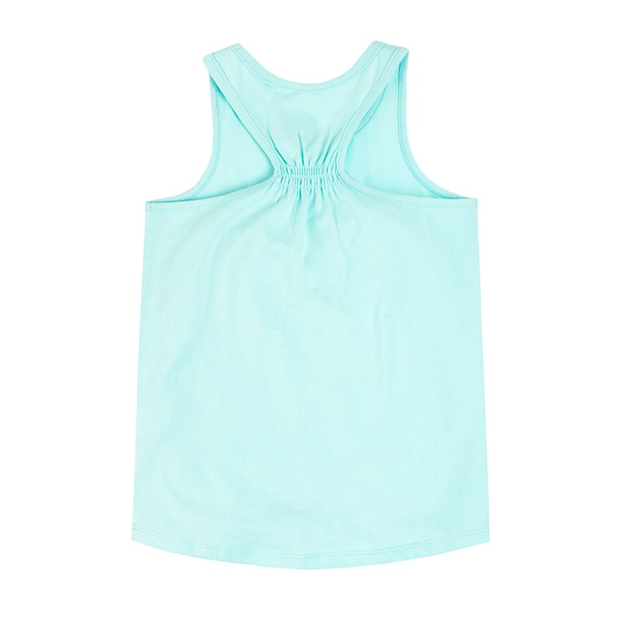 Light blue sleeveless blouse with VACAY MODE print
