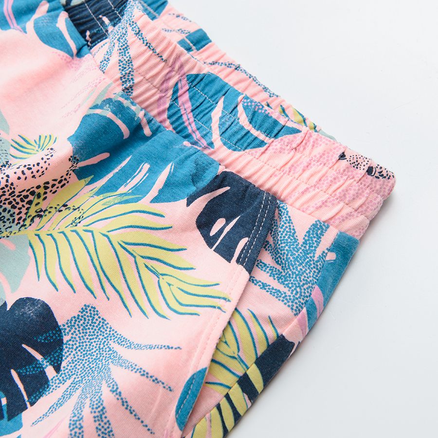 Pink shorts with mix color tropical leaves