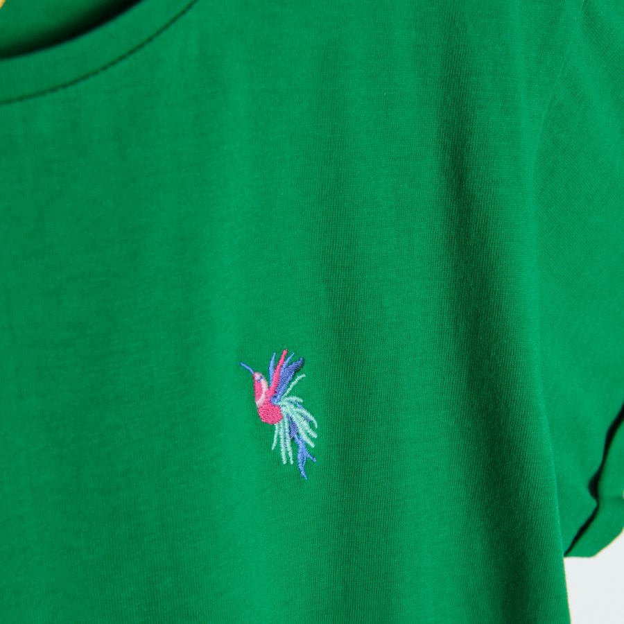 Green short sleeve blouse with embroidered parrot