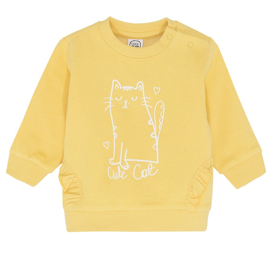 Yellow Cute Cat print sweaterhirt with ruffles on the side