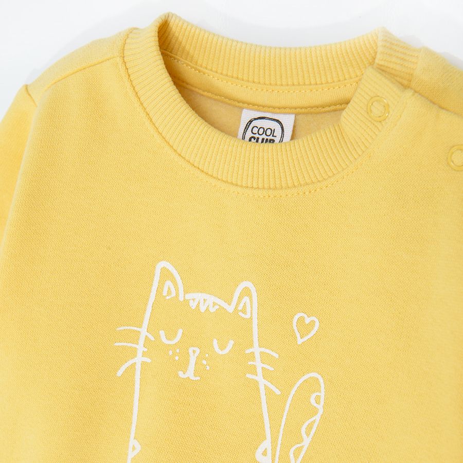 Yellow Cute Cat print sweaterhirt with ruffles on the side