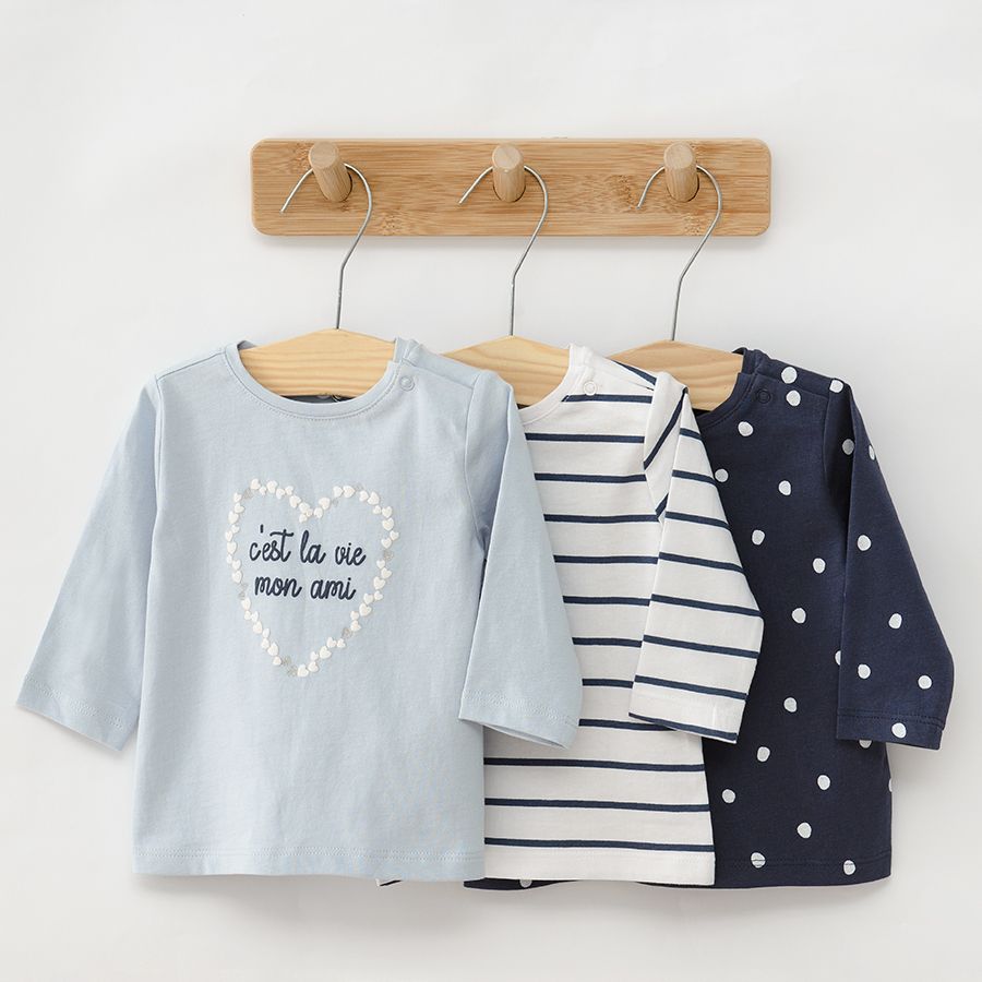 Polka dot striped and monochrome cest la vie long sleeve blouses 3 pack