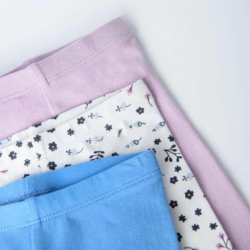 Blue white with floral and purple with cat print leggings 3 pack