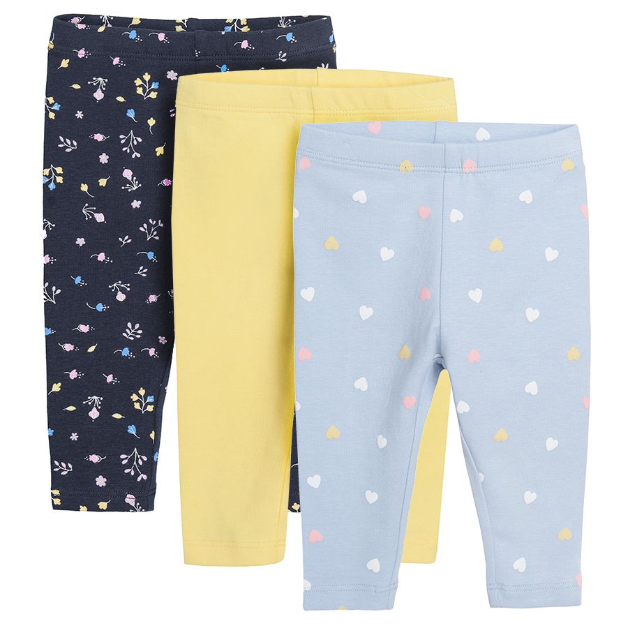 Yellow light blue with hearts print and floral blue leggings 3 pack