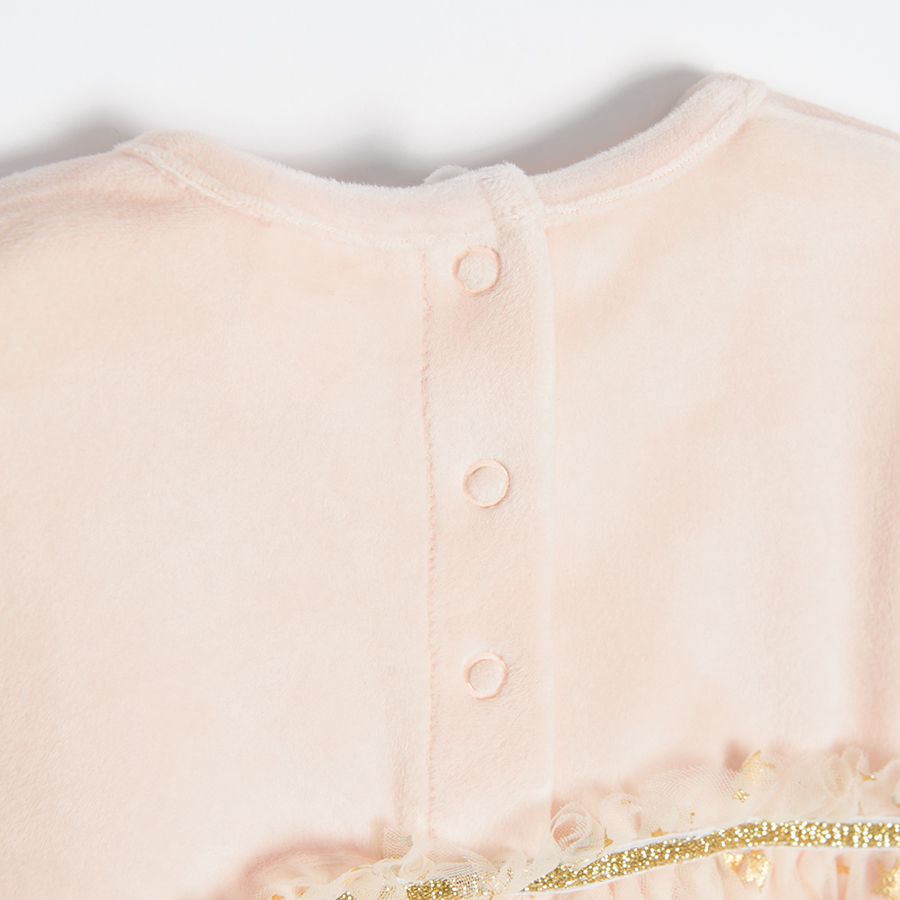 Φόρεμα μακρυμάνικο ροζ βελουτέ με τούλινη φούστα και χρυσά αστεράκια