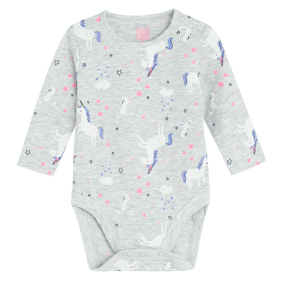 Grey long sleeve bodysuit with unicorn print
