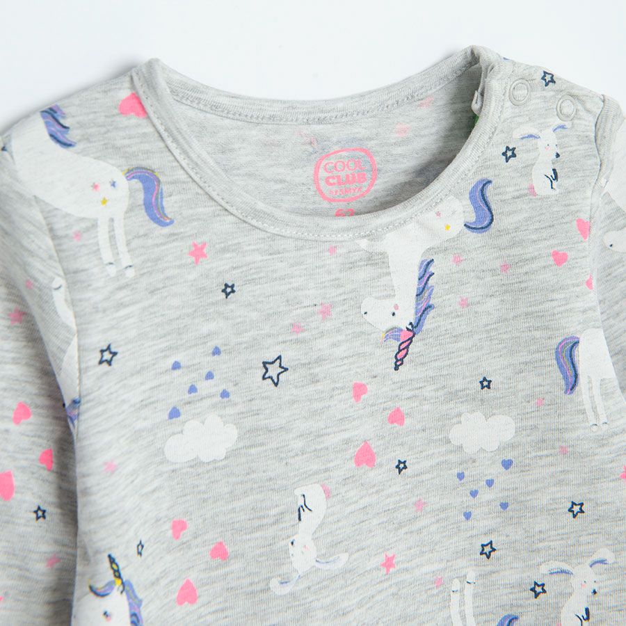 Grey long sleeve bodysuit with unicorn print