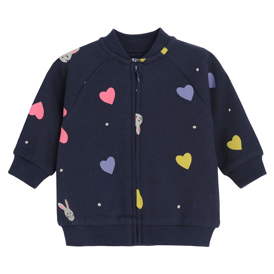 Blue zip through sweatshirt with hearts and bunnies print