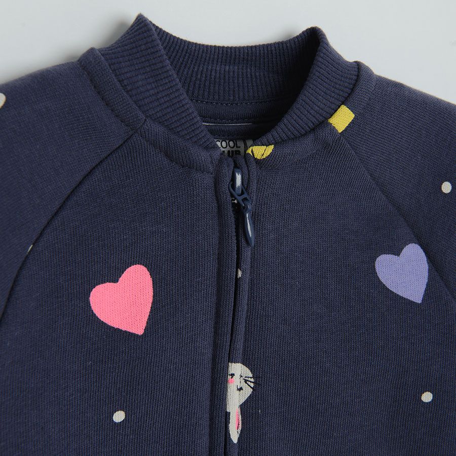 Blue zip through sweatshirt with hearts and bunnies print
