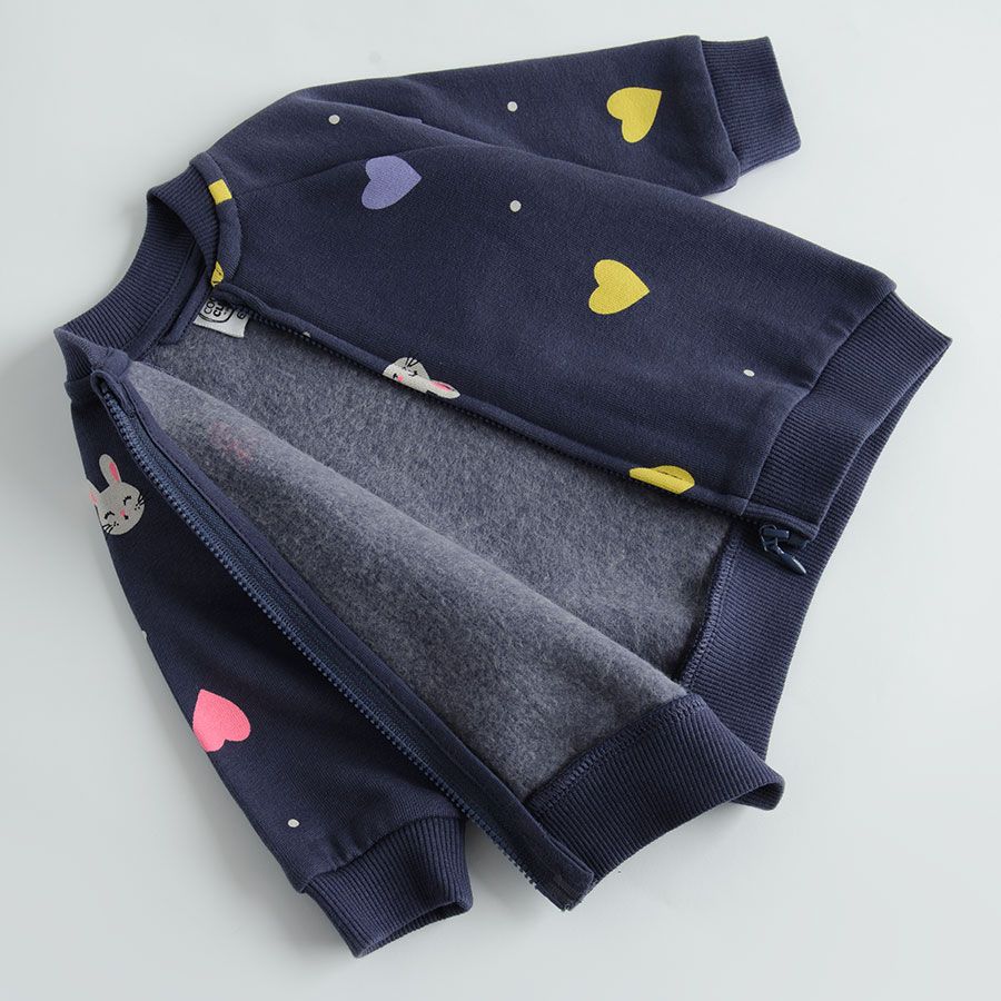 Blue zip through sweatshirt with hearts and bunnies print